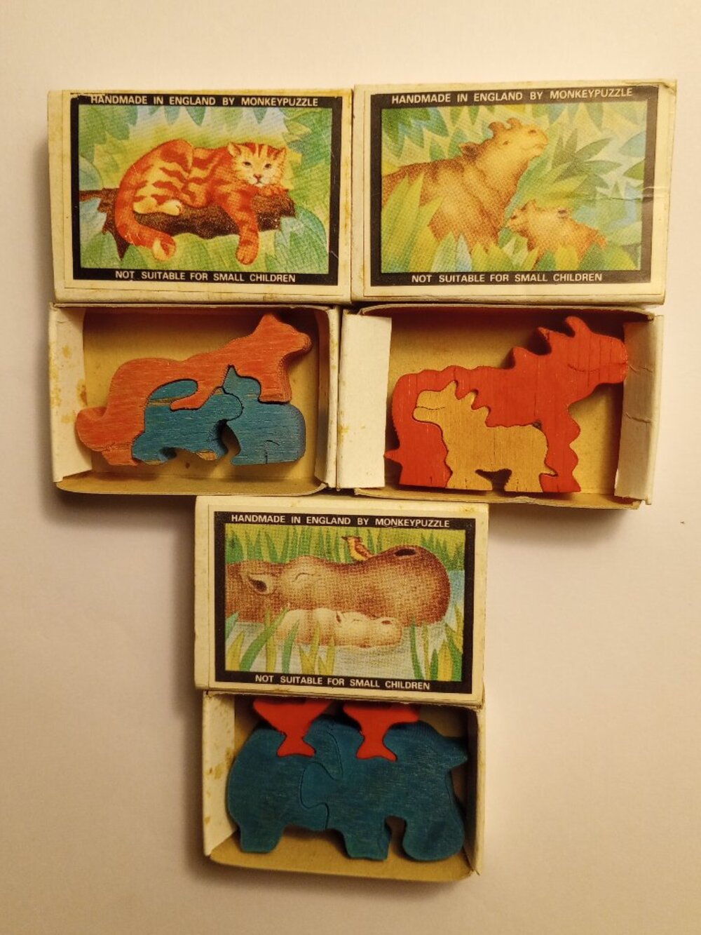 3 Vintage Monkeypuzzle Matchbox Puzzles: Tiger, Rhino, Hippo